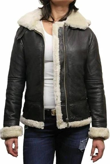 Women's Black Leather Jacket Genuine Sheepskin B3 Raf Aviator Faux Fur Shearling