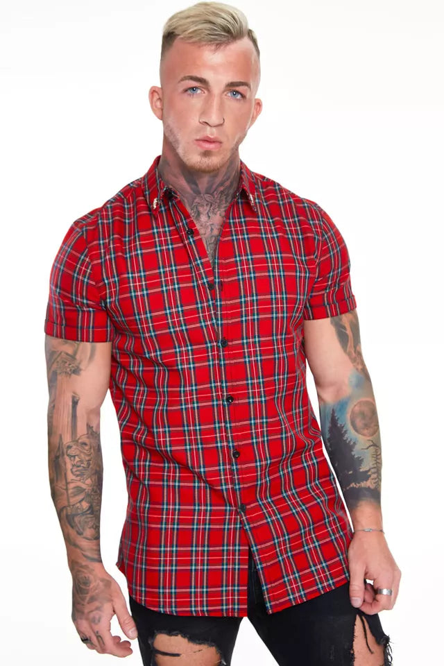 New Short Sleeve Work Tops Casual Checks Men Plaid Button Down Shirt