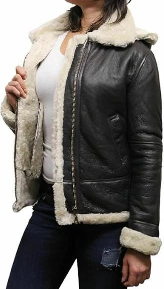 Women's Black Leather Jacket Genuine Sheepskin B3 Raf Aviator Faux Fur Shearling