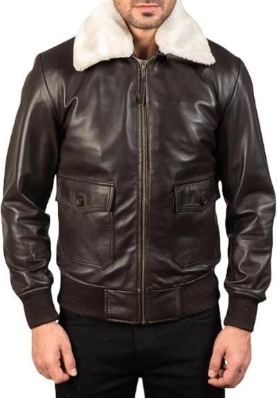 Men's Classic Aviator Style White Faux Fur Collar Brown Leather Bomber Jacket