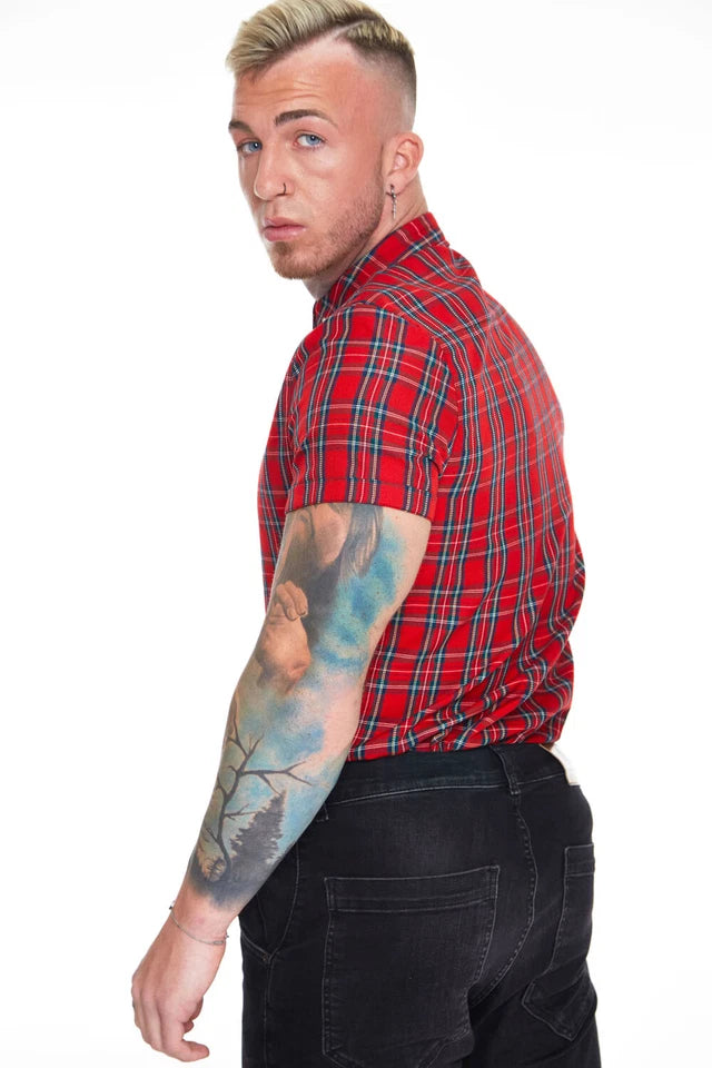 New Short Sleeve Work Tops Casual Checks Men Plaid Button Down Shirt