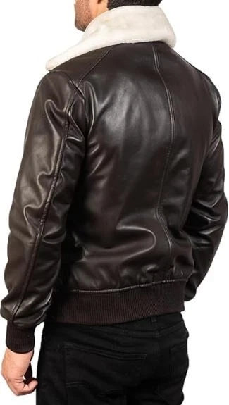 Men's Classic Aviator Style White Faux Fur Collar Brown Leather Bomber Jacket