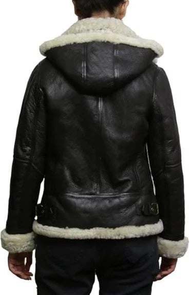 Women's Black Leather Jacket Genuine Sheepskin B3 Raf Aviator Faux Fur Shearling