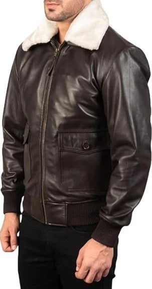 Men's Classic Aviator Style White Faux Fur Collar Brown Leather Bomber Jacket