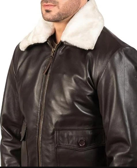 Men's Classic Aviator Style White Faux Fur Collar Brown Leather Bomber Jacket
