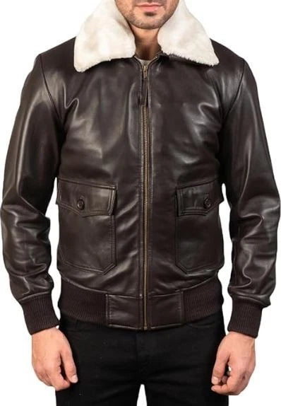 Men's Classic Aviator Style White Faux Fur Collar Brown Leather Bomber Jacket