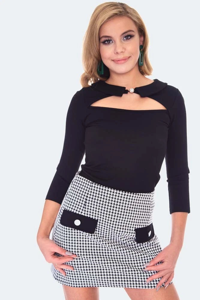 60s Retro Vintage Style Black Cut Out Collared Top
