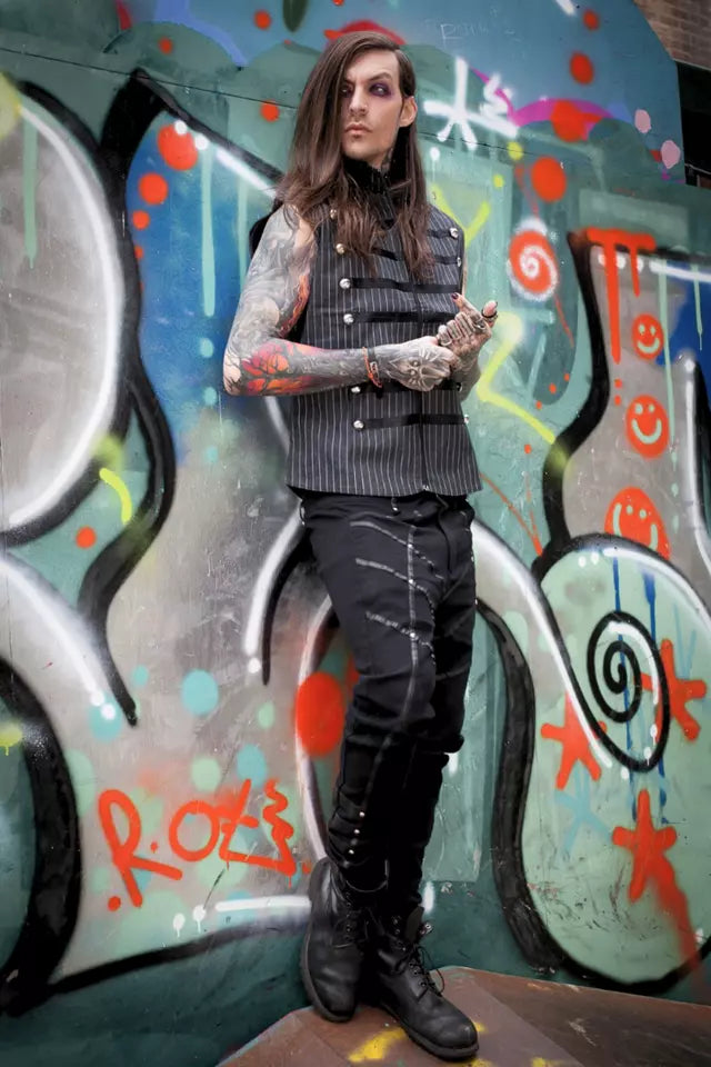 Black Gothic Punk Style Trousers With Leather Trimmed