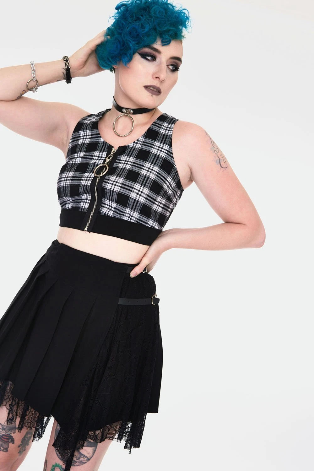 Ladies Gothic Top Teen Spirit Black Tartan Crop Top Alternative Punk Style Top
