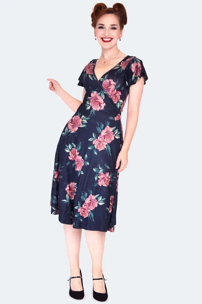 Dark floral flutter sleeve wrap Retro Vintage Style dress