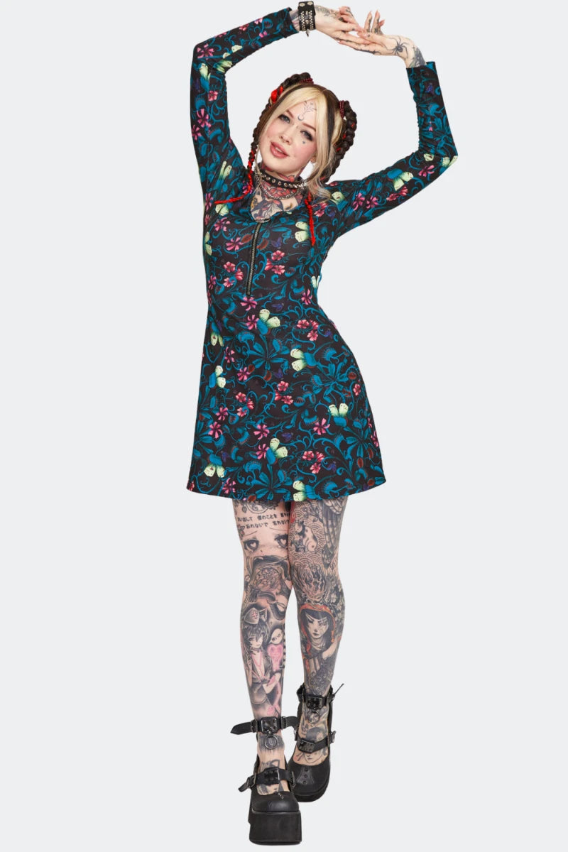Gothic Venus Flytrap Print Mini Punk Style Dress