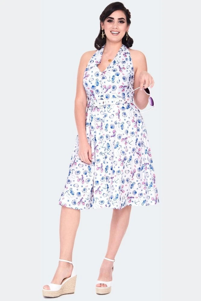 WOMEN RETRO SEA PRINT HALTER NECK FLARE VINTAGE STYLE DRESS