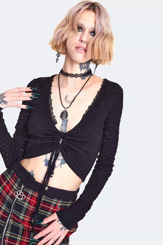 Gothic Lace Knit Drawstring Sweater Alternative Style Fashion