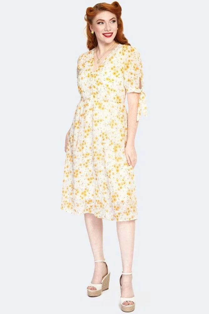 Retro Vintage Style Tie Sleeve Floral Pattern Flare Dress