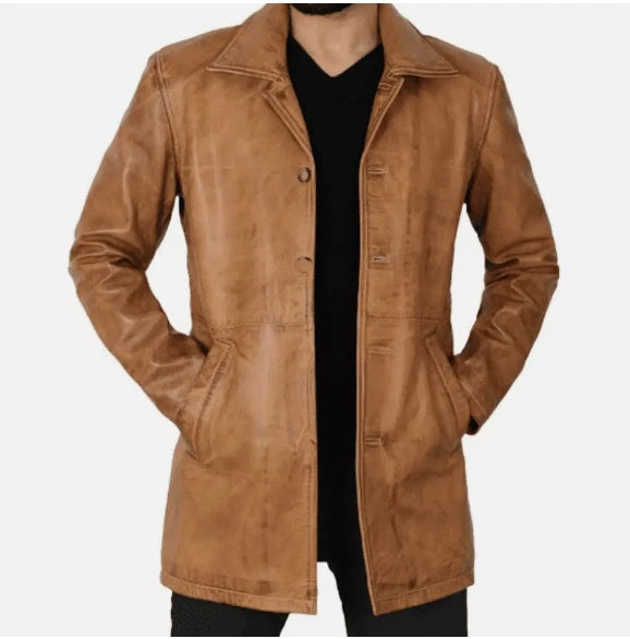 Genuine Leather Mens Camel 3/4 Length Car Winter Coat for Men - Mens Trench Coat