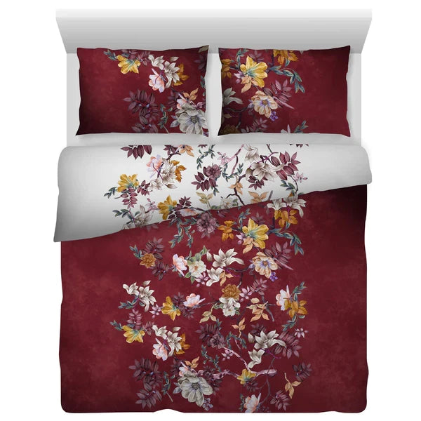 Floral Vine Duvet Quilt Cover Set in Red & White Premium Quality 100% Cotton