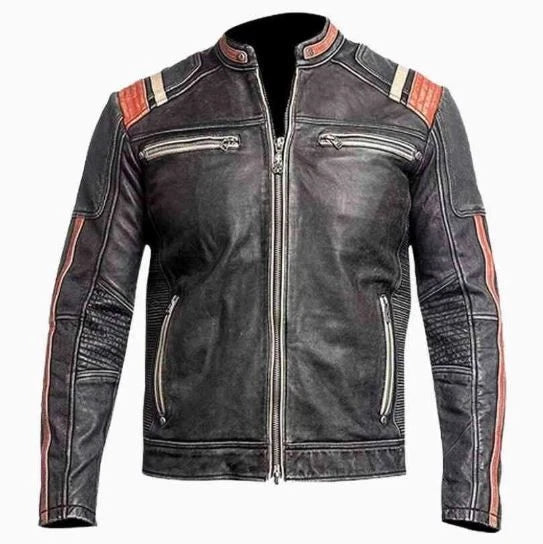 Mens Retro Vintage Cafe Racer Distressed Black Biker Leather Motorcycle Jacket