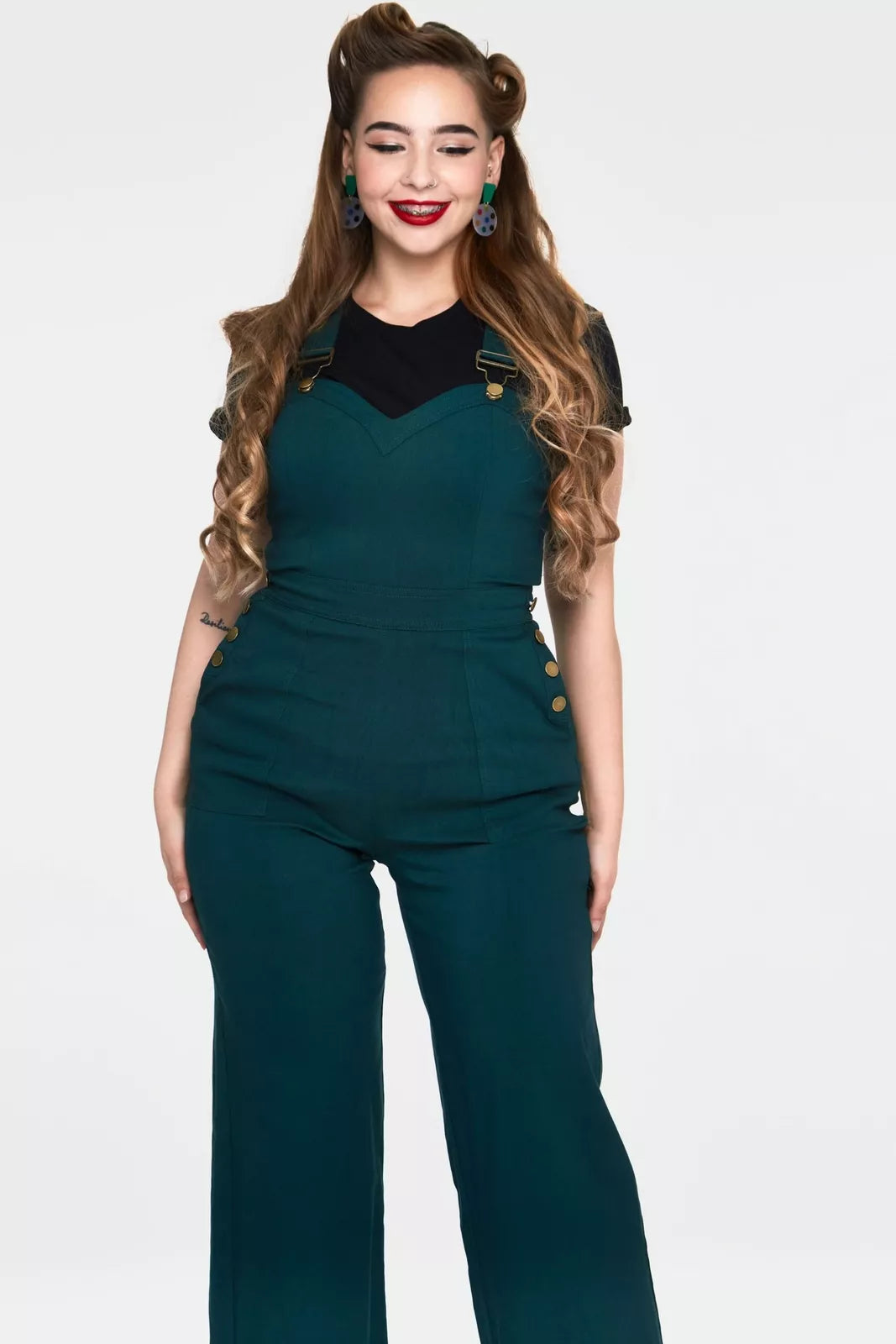 Retro Curve Connie Fitted Capri Overalls Green Vintage Style in Plus Size