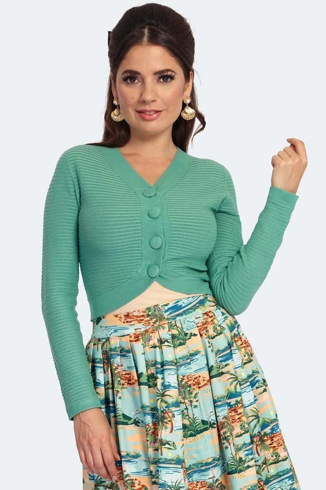 Women Retro Mint Textured Knit Crop Cardigan Vintage Style Cardigan