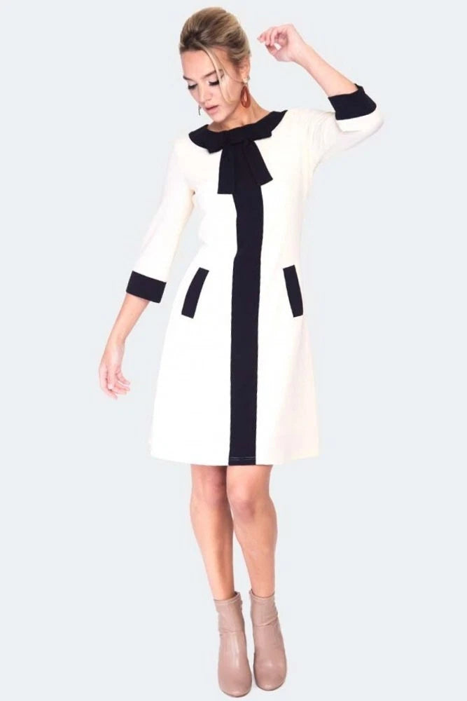 1960s RETRO Vintage Style 3/4 sleeve constrast stripe ivory dress