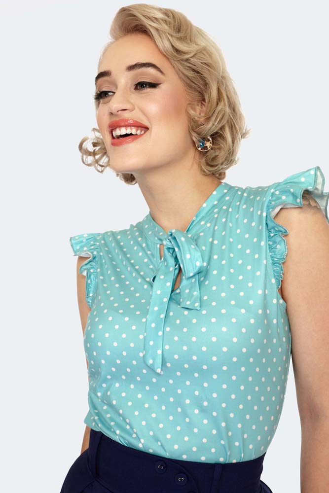 Women Retro Vintage Top Polka Dot Tie Neck Sleeveless Top