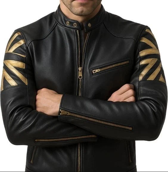 Mens Biker Vintage Motorcycle Black Cafe Racer UK Flag Union Jack Leather Jacket