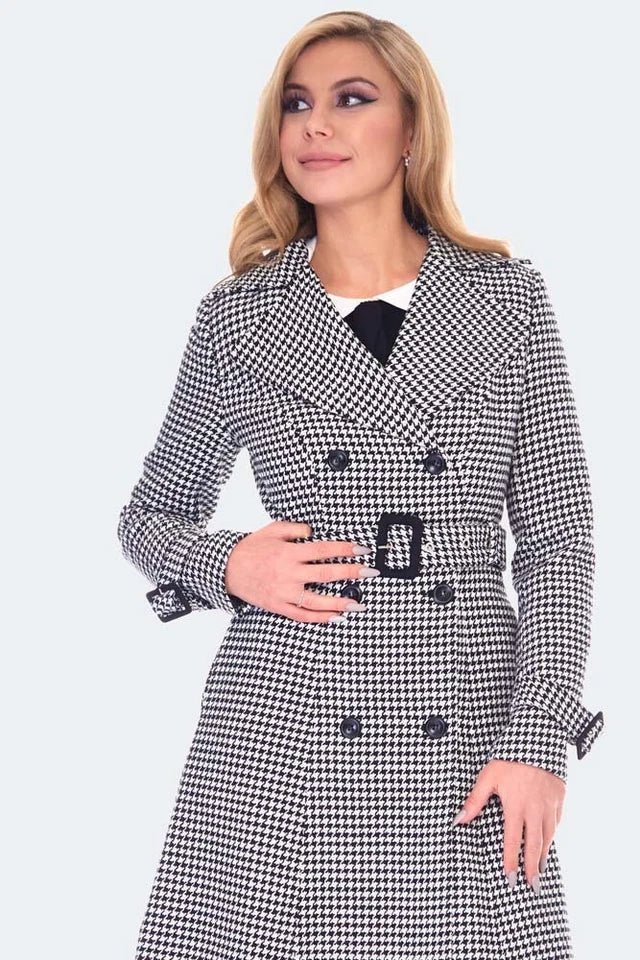 Vintage Inspired Ladies Houndstooth Trench Coat Retro Fashion Style