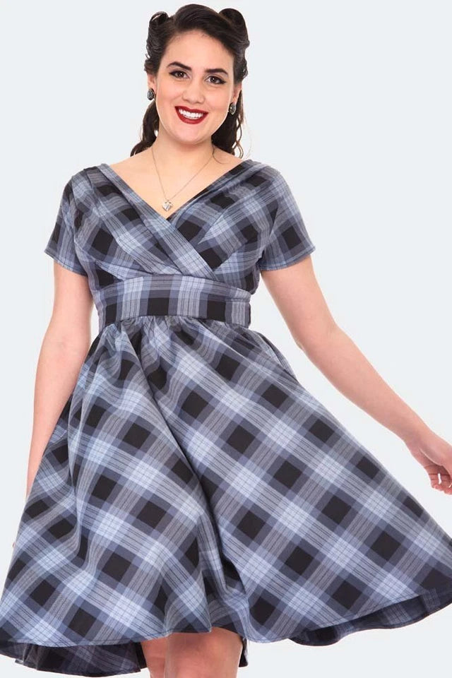 GREY RETRO CHECKED FLARE VINTAGE STYLE DRESS