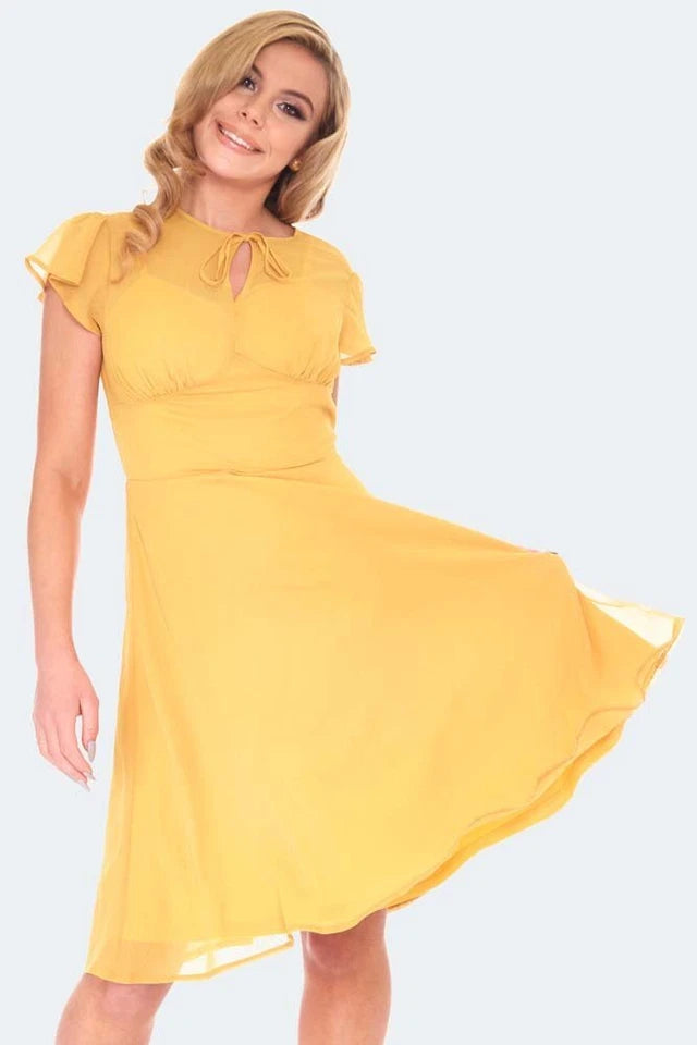 RETRO VINTAGE STYLE YELLOW TIE NECK LACE FLARE DRESS