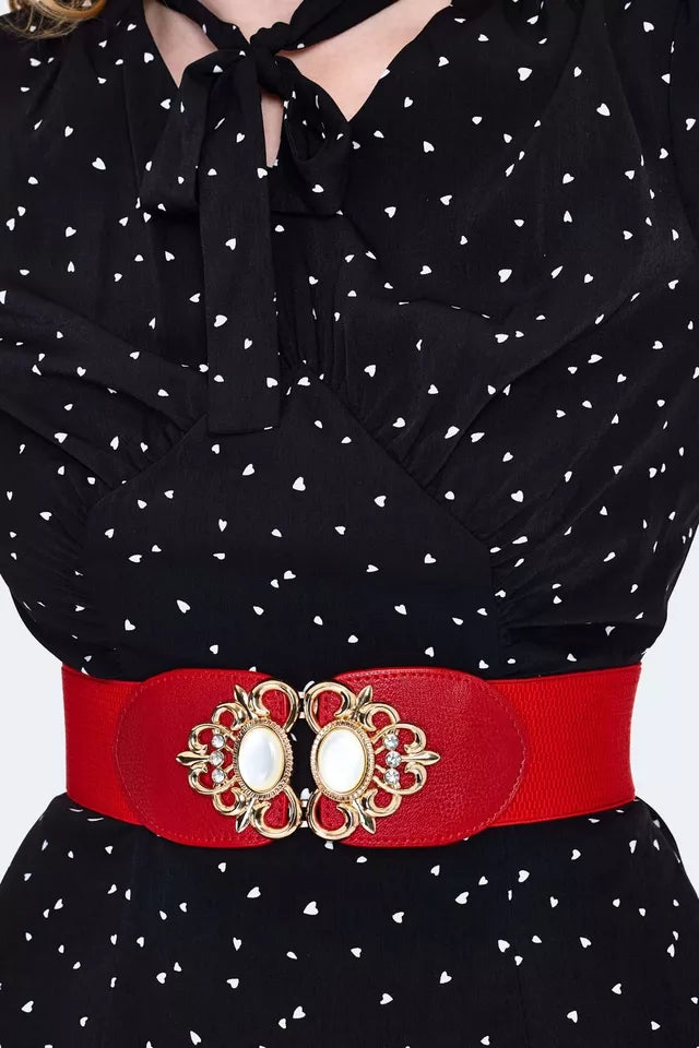 Retro Vintage Style Pearl Buckled Red Elasticated Belt