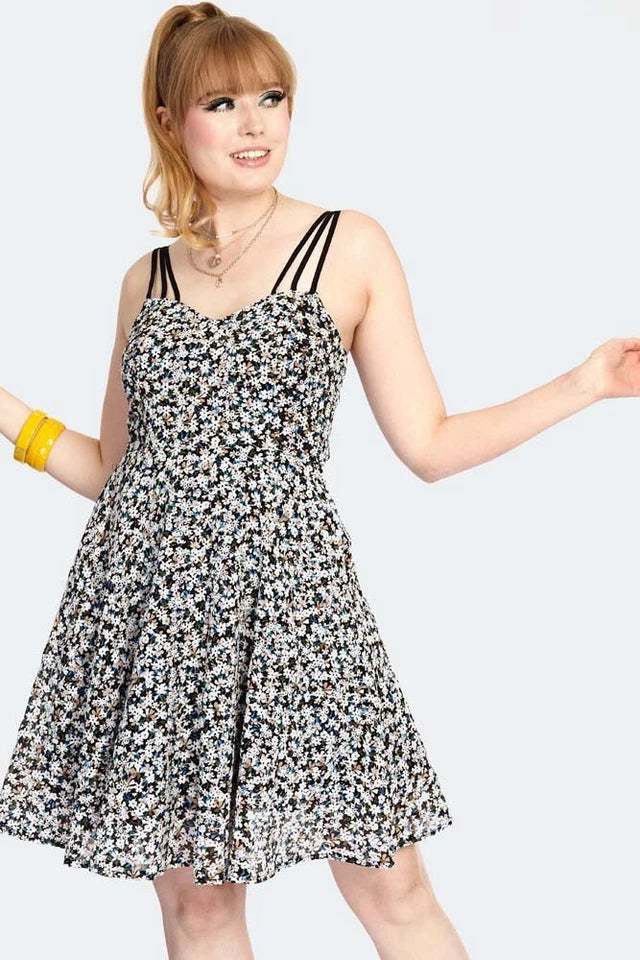 Retro Floral Embroidery Strappy Chiffon Flare Vintage Style Dress