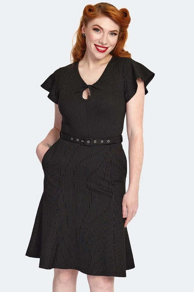 Pinstripe Flutter Sleeve Front Twist Flare Retro Vintage style Dress