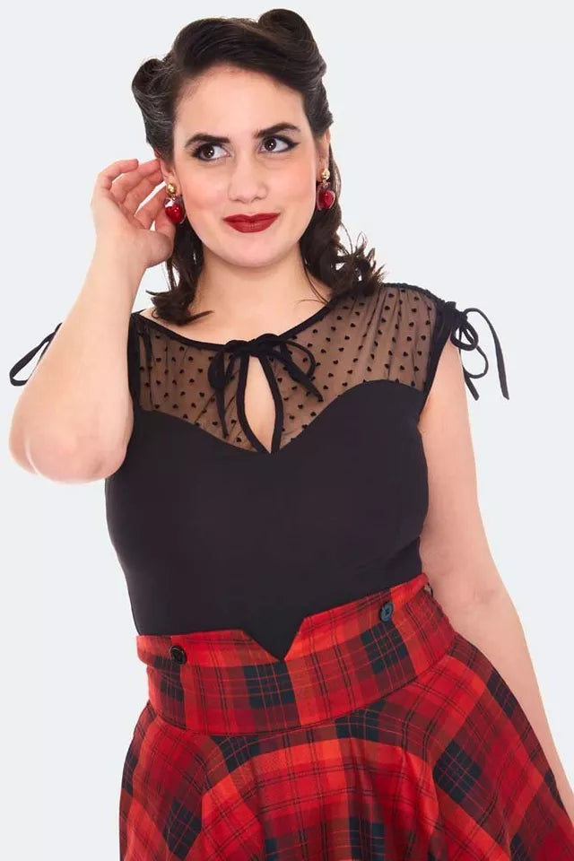Retro Heart Patterned Vintage Style Mesh Sleeveless Top