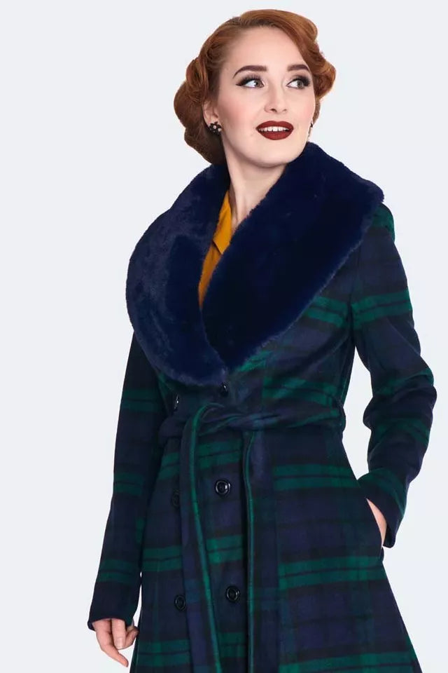 Women Retro Tartan Flare Coat with Fur Collar Vintage Style Fashion