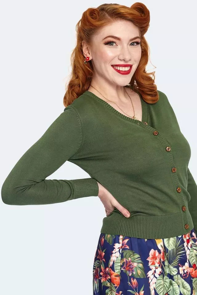 Women Retro Wooden Button Cardigan In Green Vintage Style Cardigan