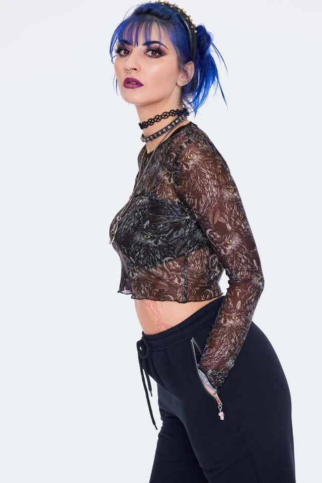 Gothic Night Owl Long Sleeve Mesh Top Punk Alternative Fashion Cropped Top