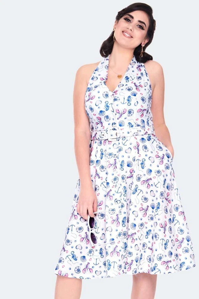 WOMEN RETRO SEA PRINT HALTER NECK FLARE VINTAGE STYLE DRESS