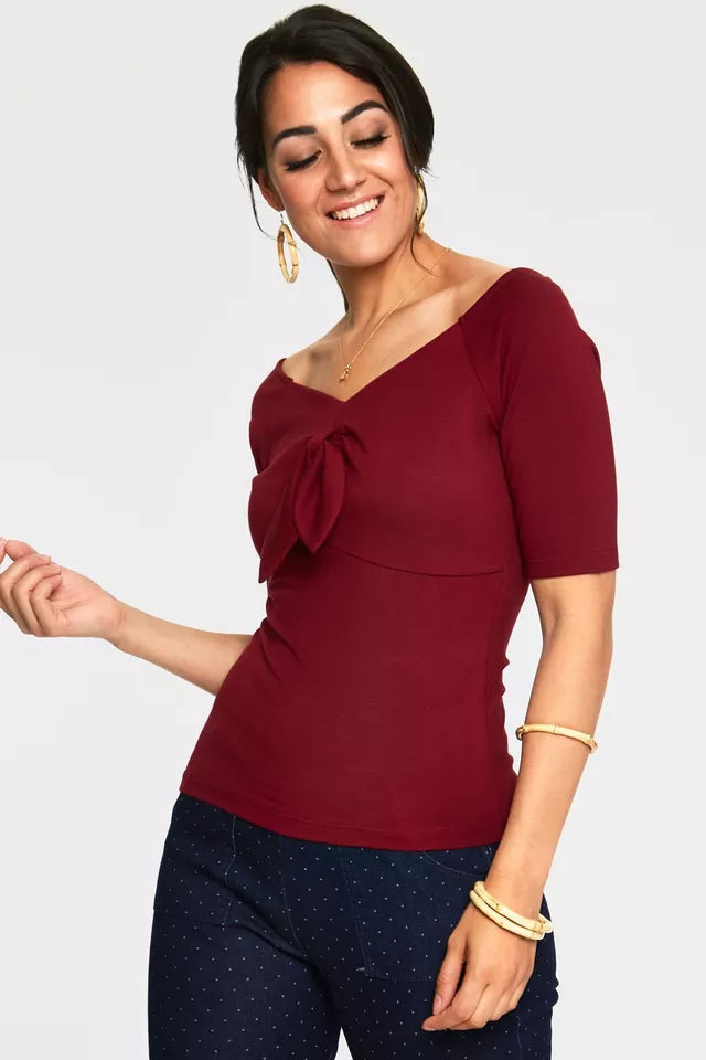 Anika Burgandy Tie Front Pullover Top V Neck Retro Style Women Top