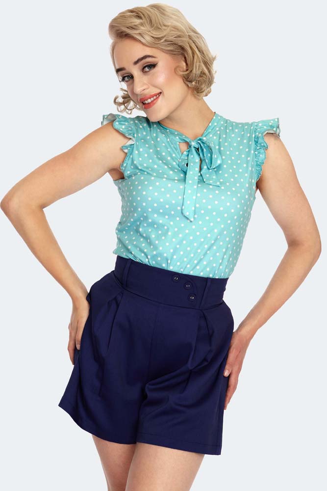 Women Retro Vintage Top Polka Dot Tie Neck Sleeveless Top