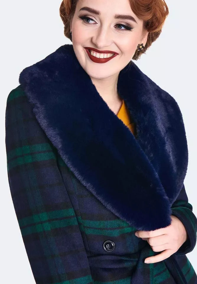 Women Retro Tartan Flare Coat with Fur Collar Vintage Style Fashion