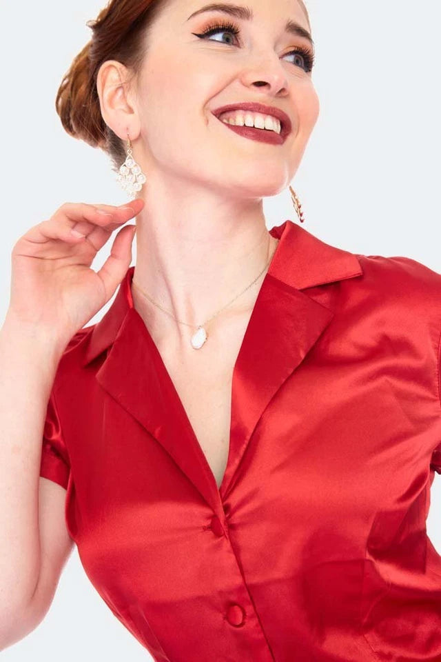 Red Vintage Style Satin Short Sleeve Retro Blouse