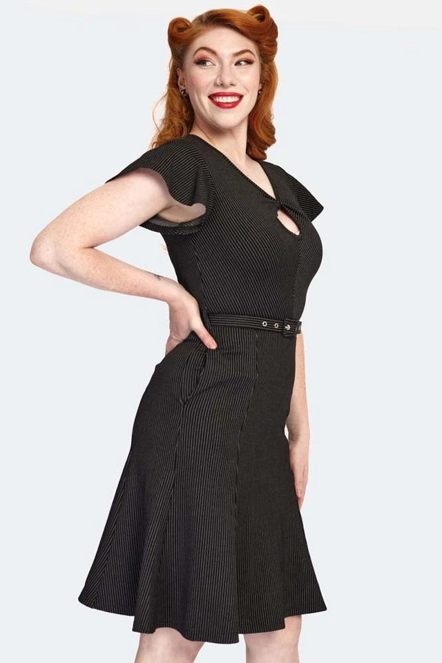 Pinstripe Flutter Sleeve Front Twist Flare Retro Vintage style Dress