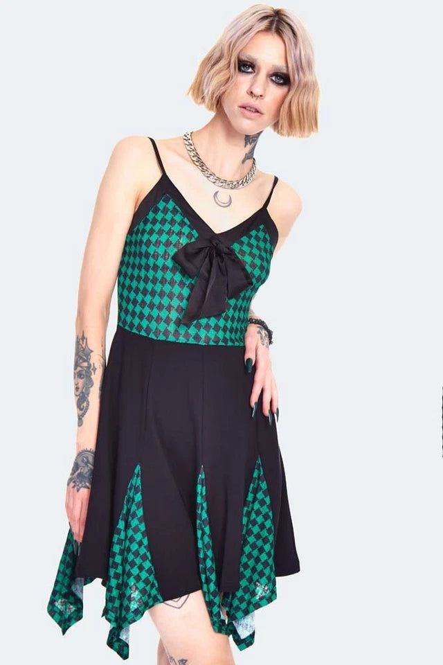 Gothic Alternative Style Check Panel Strappy Mini Dress