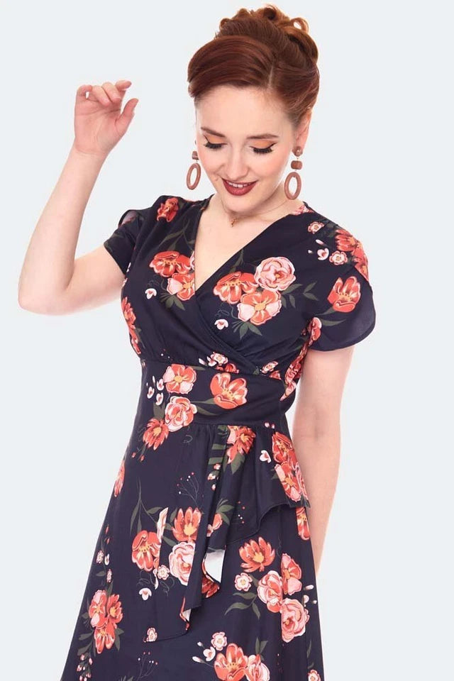 Women Retro Floral RUFFLE FLARE Vintage Style DRESS