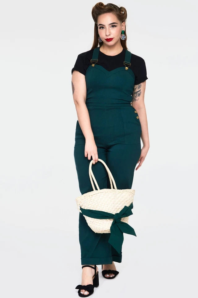 Retro Curve Connie Fitted Capri Overalls Green Vintage Style in Plus Size