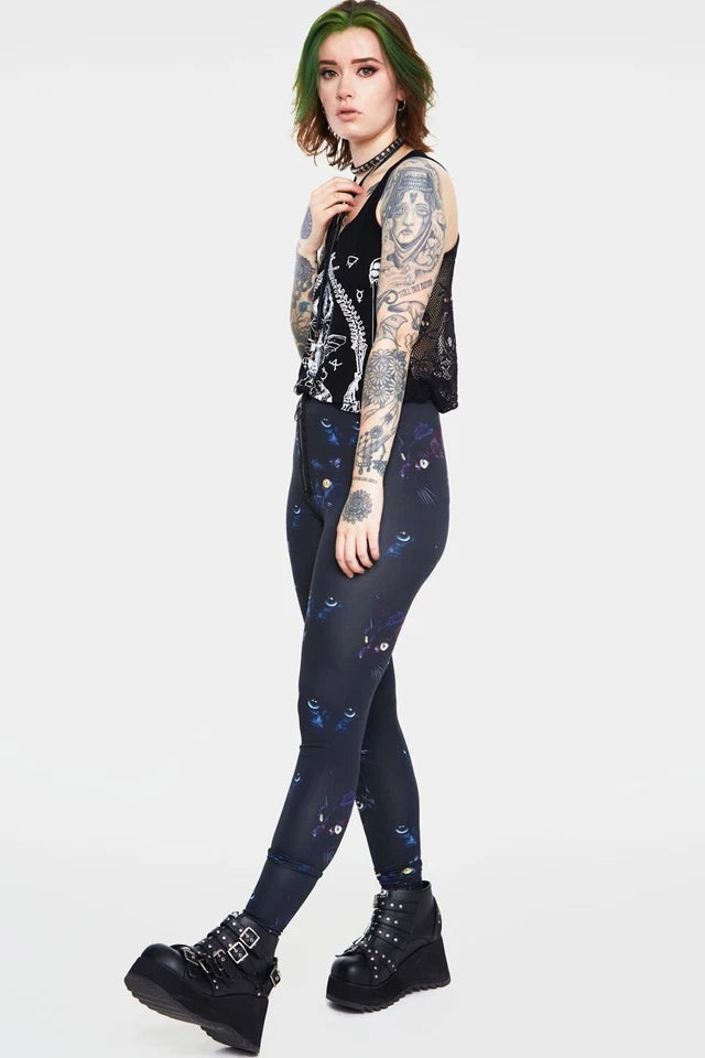 Ladies New Gothic Punk Salem Leggings Alternative Chic Cat Print