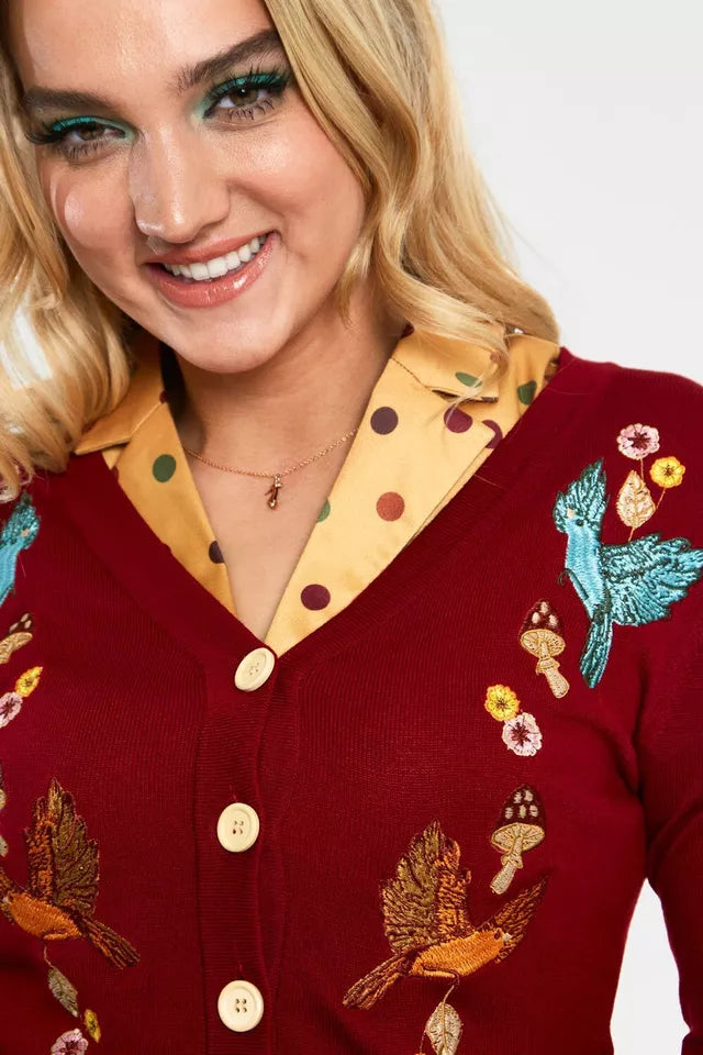 Women Retro RED WOODLAND EMBROIDERED CARDIGAN Vintage Style Cardigan