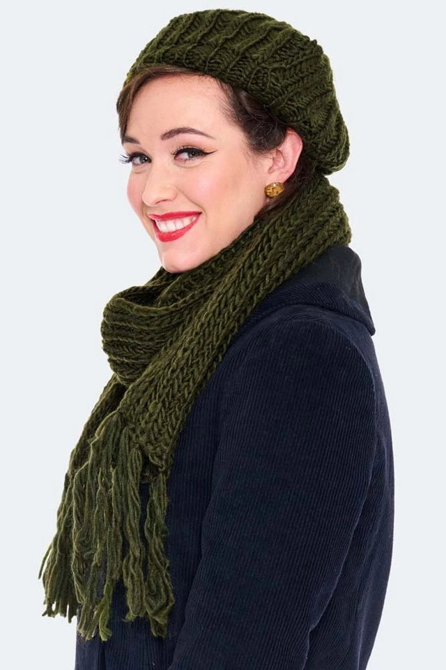 Retro Lana Green Beret & Scarf Set Vintage style