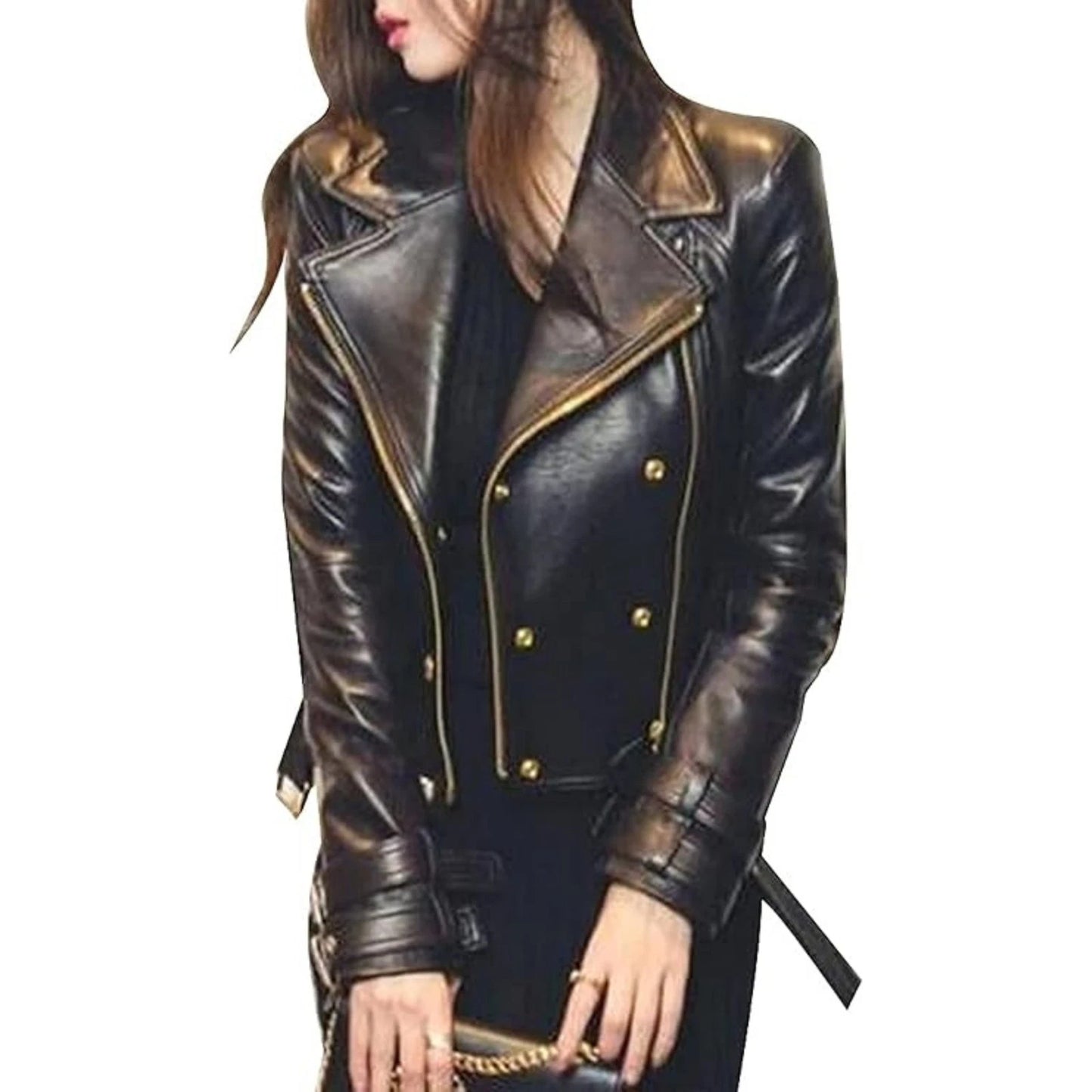 Womens Brando Leather Jacket Ladies Rose Golden Genuine Leather Biker Jacket