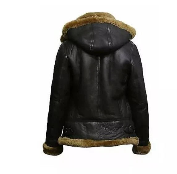Women's Hoodie RAF Aviator B3 Sheepskin Real Shearling Leather Bomber Jacket
